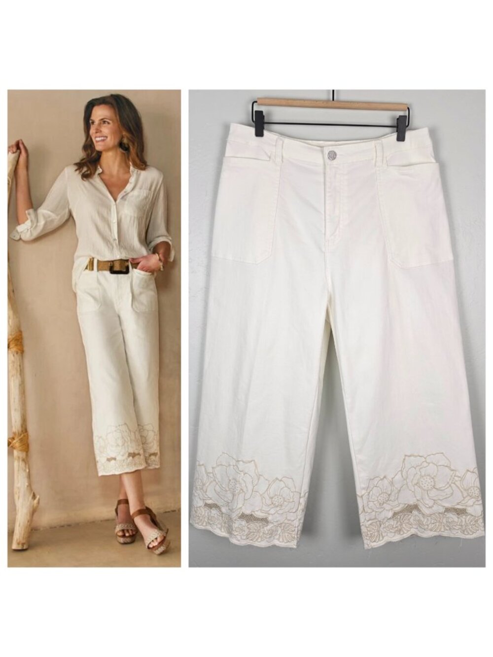 Soft Surroundings The Ultimate Wide Leg Cropped Jeans Embroidered Ivory Size 16